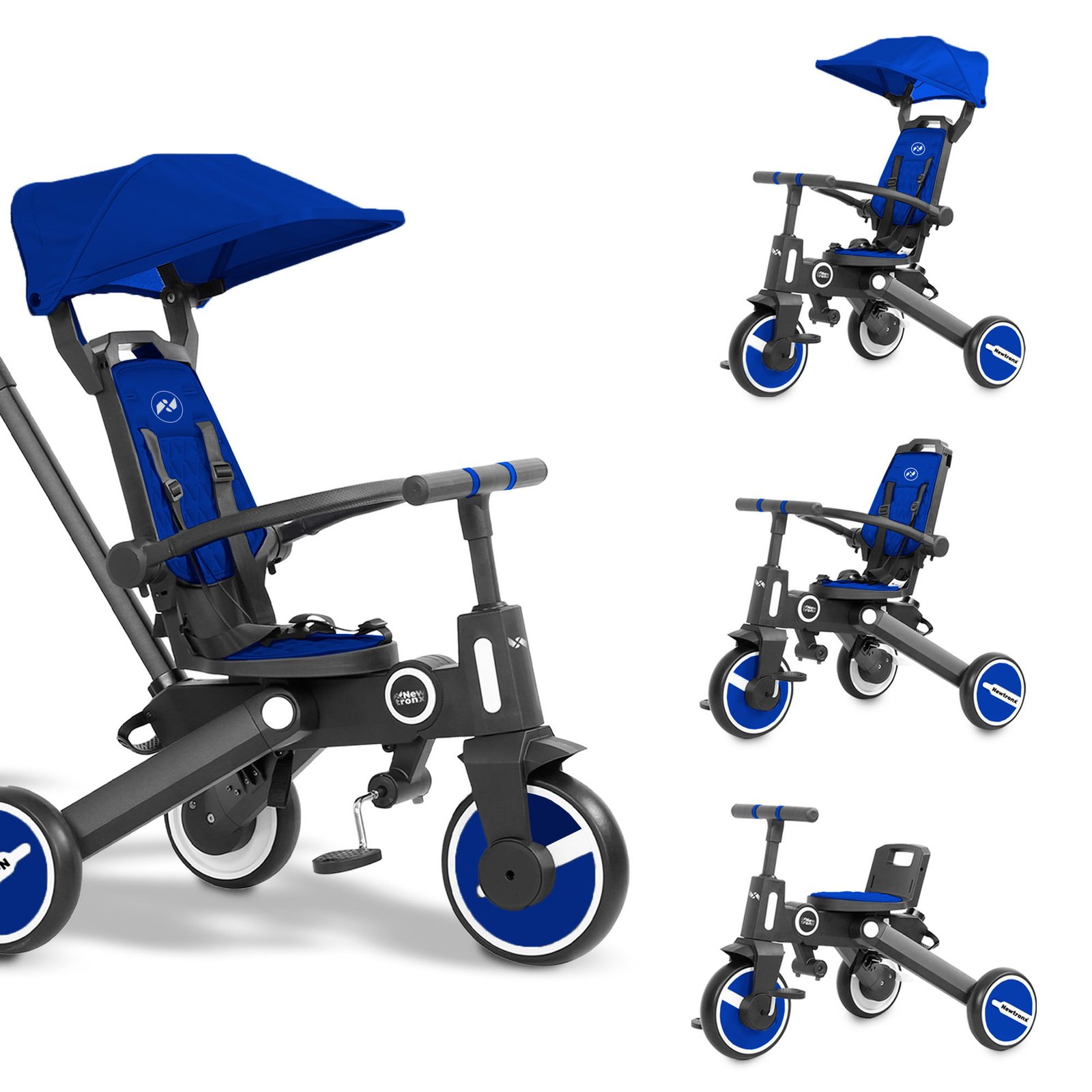 Trixplorer Magnetic Blue tricycle in three setups: with canopy and parent handle, with parent handle only, and as a pedal tricycle