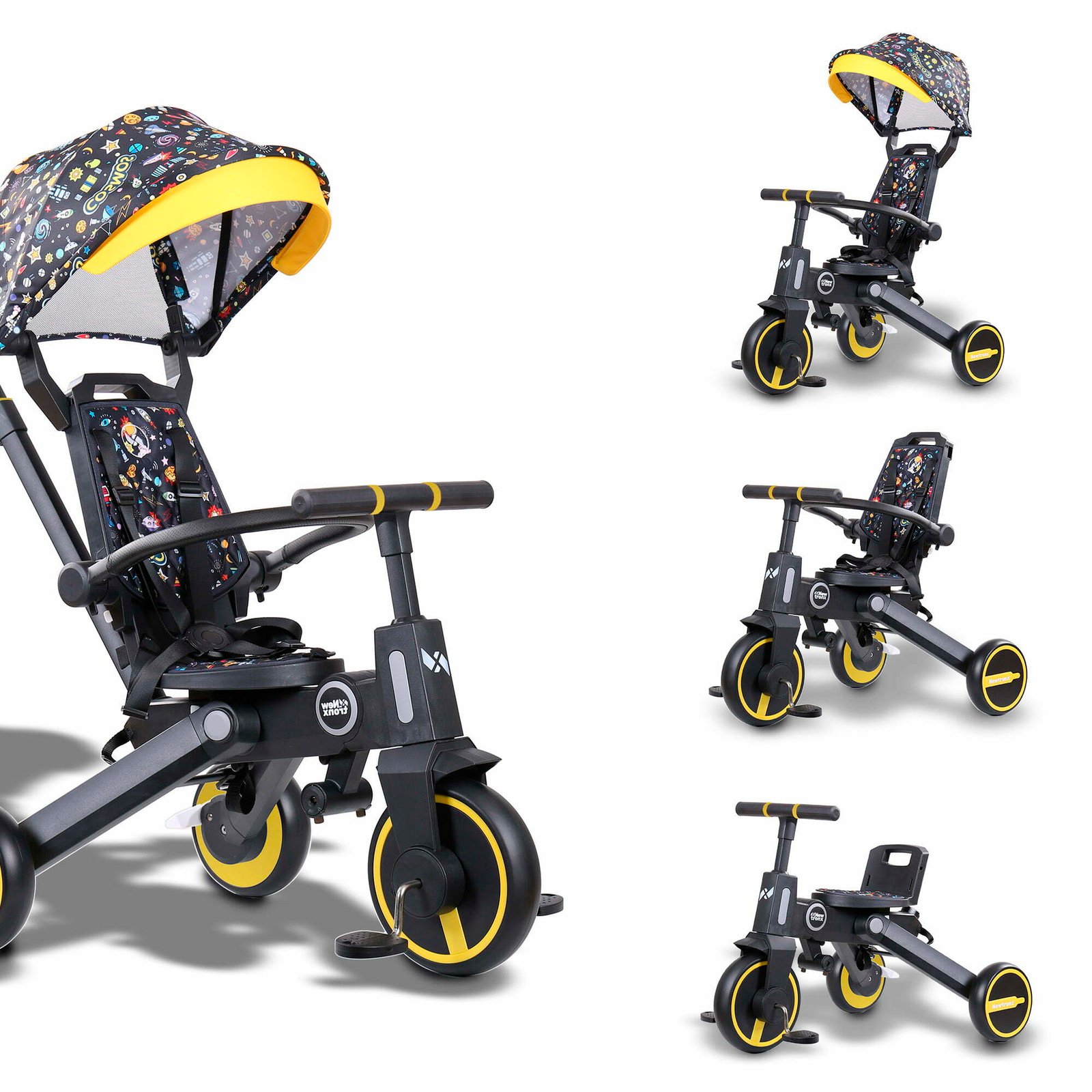 A Newtronx toddler tricycle in three setups: with canopy and parent handle, with parent handle only, and as a pedal tricycle