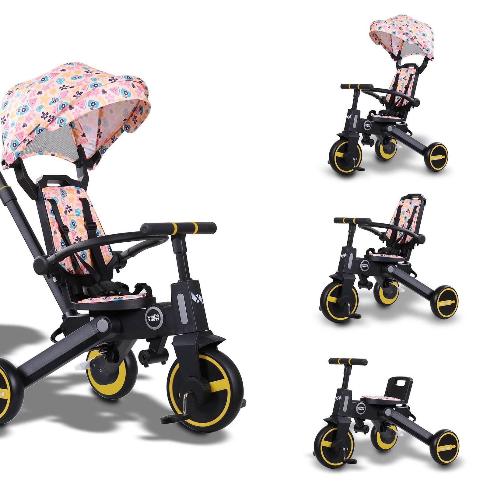 Adventure Pro Summer Pastel tricycle in three setups: with canopy and parent handle, with parent handle only, and as a pedal tricycle