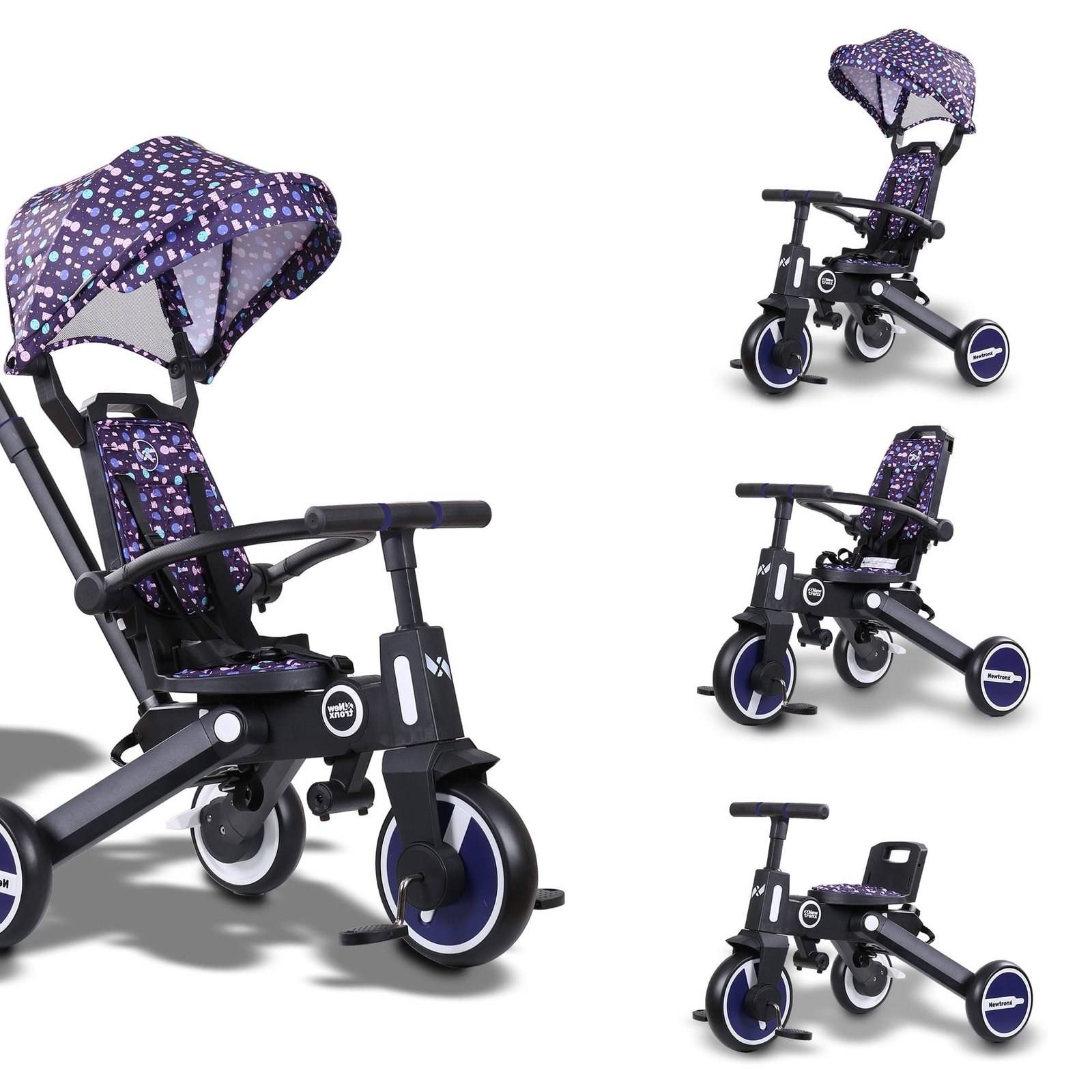 Adventure Pro Sunny Grape tricycle in three setups: with canopy and parent handle, with parent handle only, and as a pedal tricycle