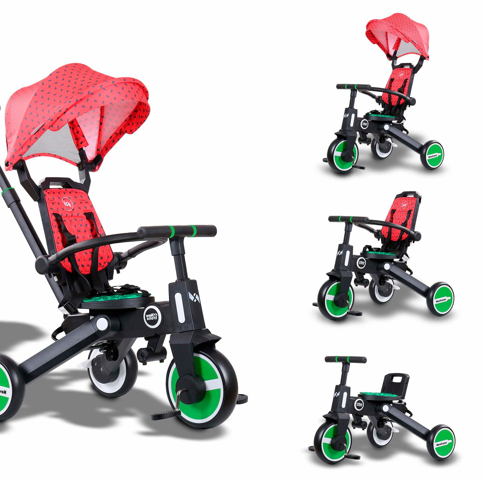 Adventure Pro Watermelon tricycle in three setups: with canopy and parent handle, with parent handle only, and as a pedal tricycle
