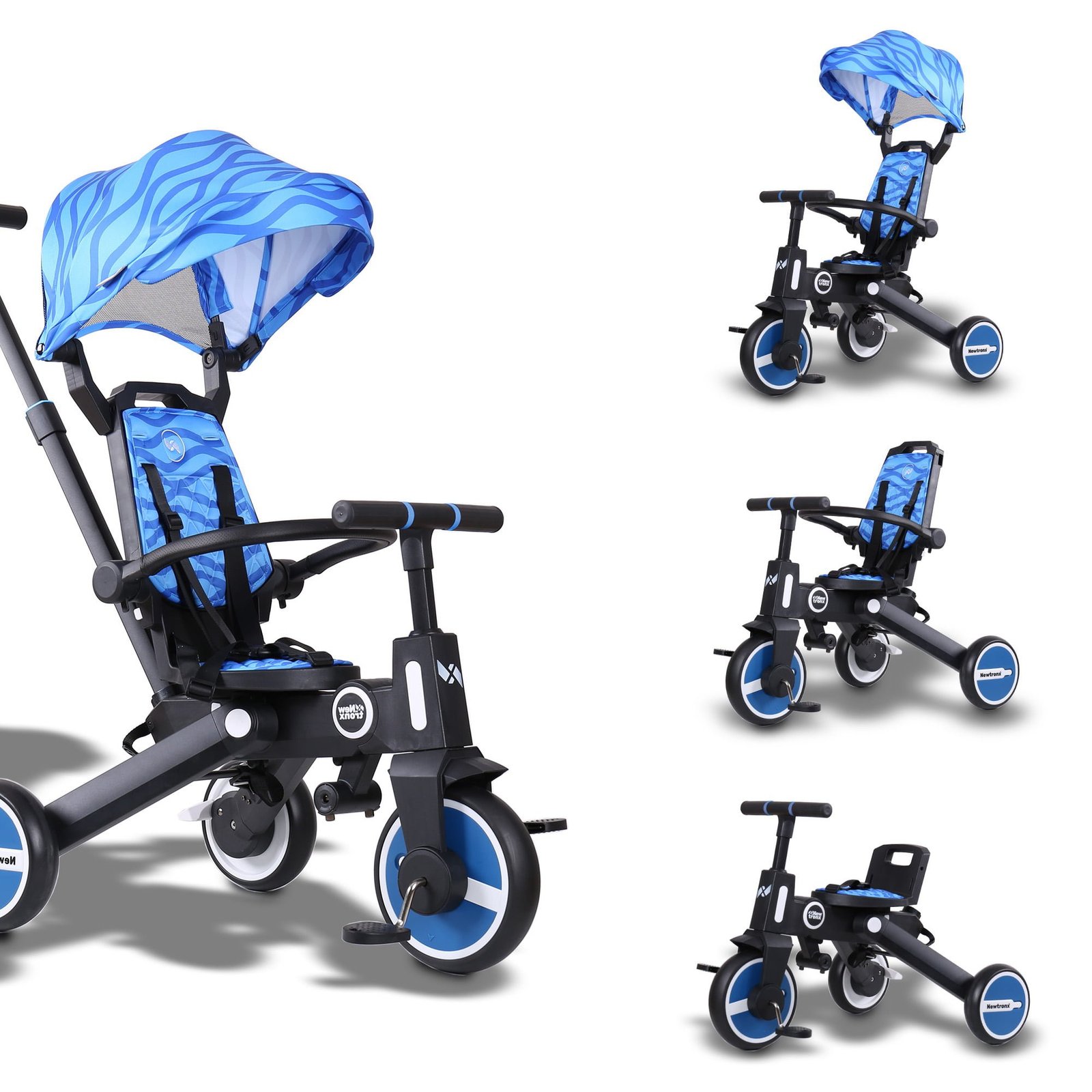 Adventure Pro Waves tricycle in three setups: with canopy and parent handle, with parent handle only, and as a pedal tricycle
